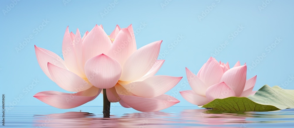 Aufkleber pink flowers gently rest on the water's surface surrounded by vibrant green leaves in a serene displ