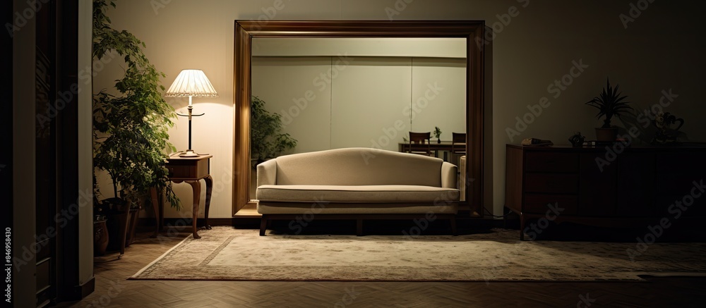 Aufkleber dimly lit room featuring a couch, lamp, and mirror creating a cozy atmosphere. with copy space image
