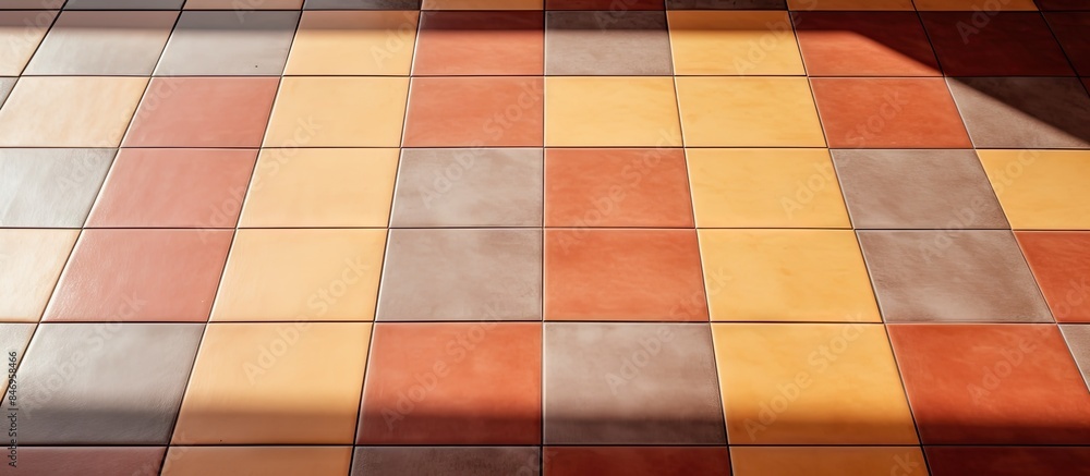 Fototapete Detailed view of a house flooring with red, yellow, and brown tiles creating a textured pattern. with copy space image. Place for adding text or design