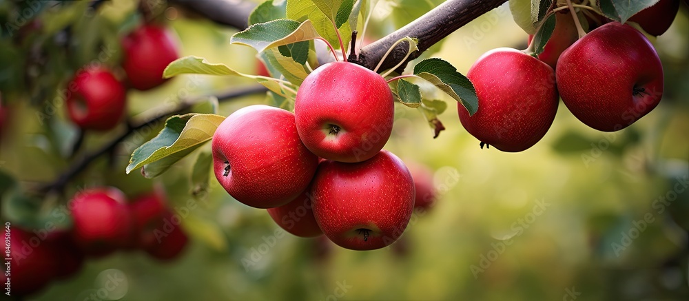 Poster lush apple tree bearing several ripe red apples illuminated by the sun's rays. with copy space image