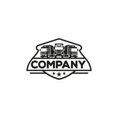 Creative logo design depicting three trucks inside an emblem for a transportation company. 