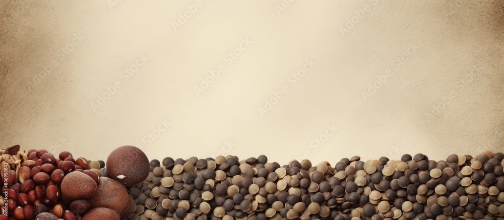 Leinwandbilder bunch beans scattered table, textured old paper background lentils. with copy space image. place for