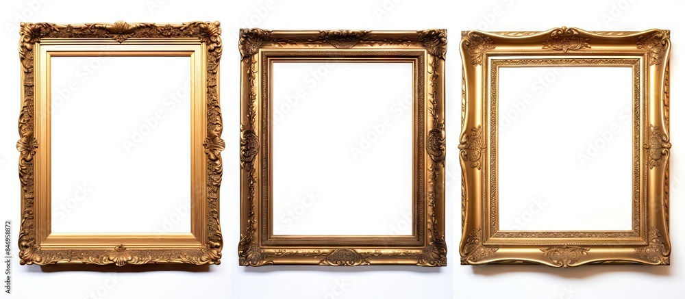 Fototapete Three elegant gold frames displayed against a plain white background and wall, creating a sophisticated contrast. with copy space image. Place for adding text or design
