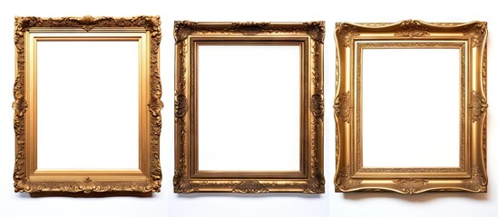 Three elegant gold frames displayed against a plain white background and wall, creating a sophisticated contrast. with copy space image. Place for adding text or design