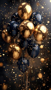 3d rendering of golden and blue balloons with confetti on black background for stunning visuals