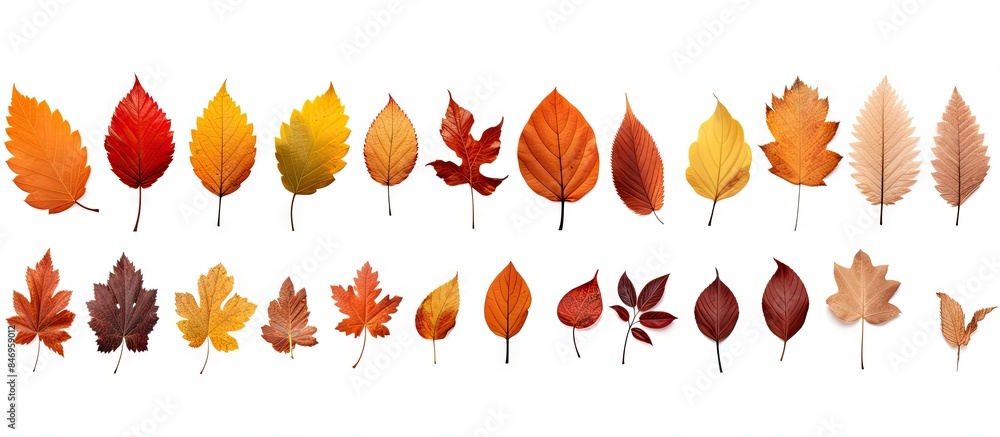 Aufkleber Variety of colorful autumn leaves up close in a beautiful collection isolated on a white background using advanced technology. with copy space image. Place for adding text or design