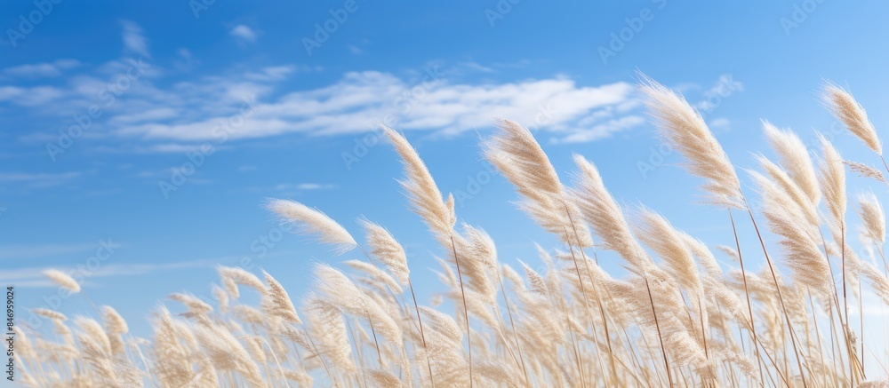 Poster tall blades of grass sway gently in the wind against a clear blue sky background, evoking a serene n