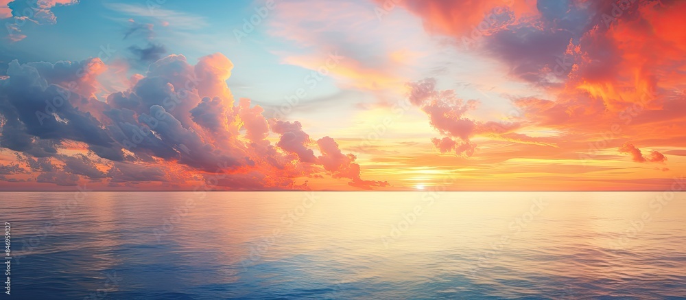 Poster The sun setting on the horizon, casting a warm glow over the ocean with colorful clouds in the sky. with copy space image. Place for adding text or design