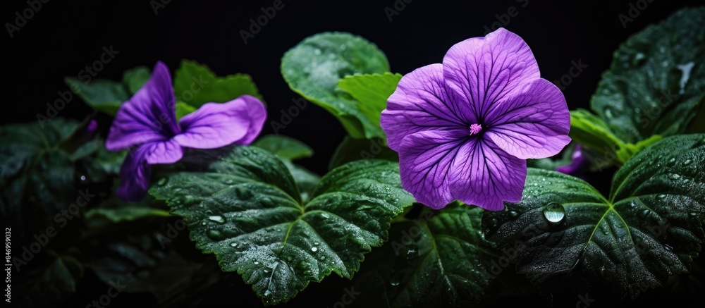 Poster Purple blooms contrast with vivid green foliage in low light setting. with copy space image. Place for adding text or design