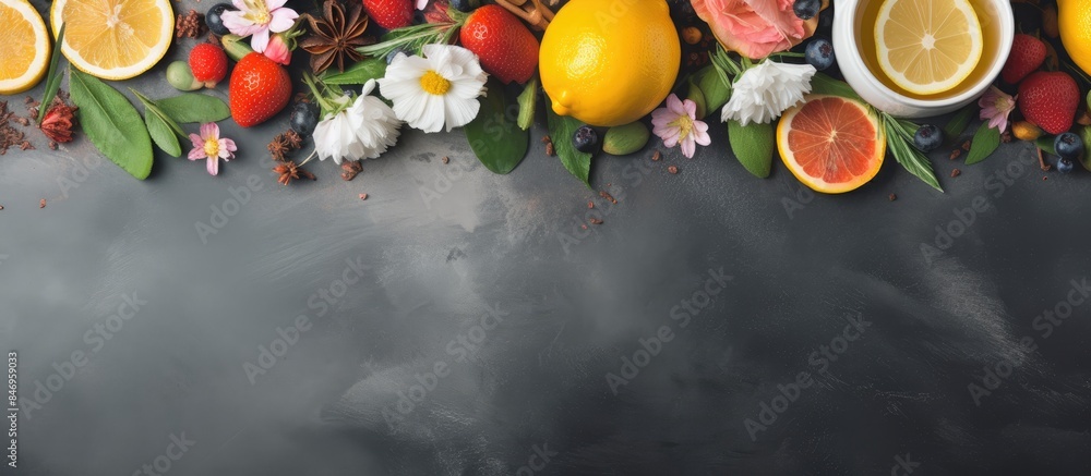 Fototapete Assorted selection of fruits and vegetables displayed on a table. with copy space image. Place for adding text or design