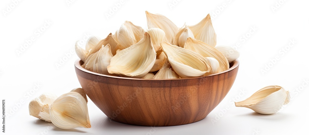 Leinwandbilder Bowl containing garlic cloves isolated on a plain white background. with copy space image. Place for adding text or design