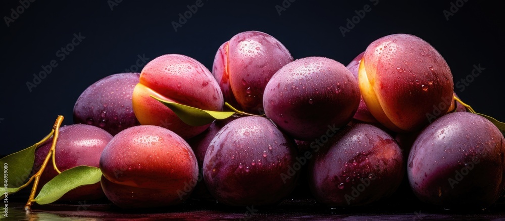 Leinwandbilder fresh plums with leaves stacked on a tabletop, showcasing vibrant colors and natural textures. with 