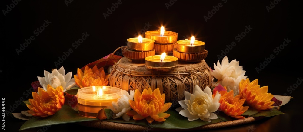 Poster lit candles in a basket with colorful flowers and green leaves; loy krathong festival krathong made 