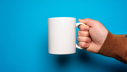 A blank white coffee mug held in the style of the arm of a man in front of a blue background