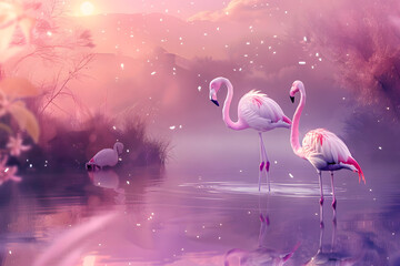 Pink flamingo in lake.