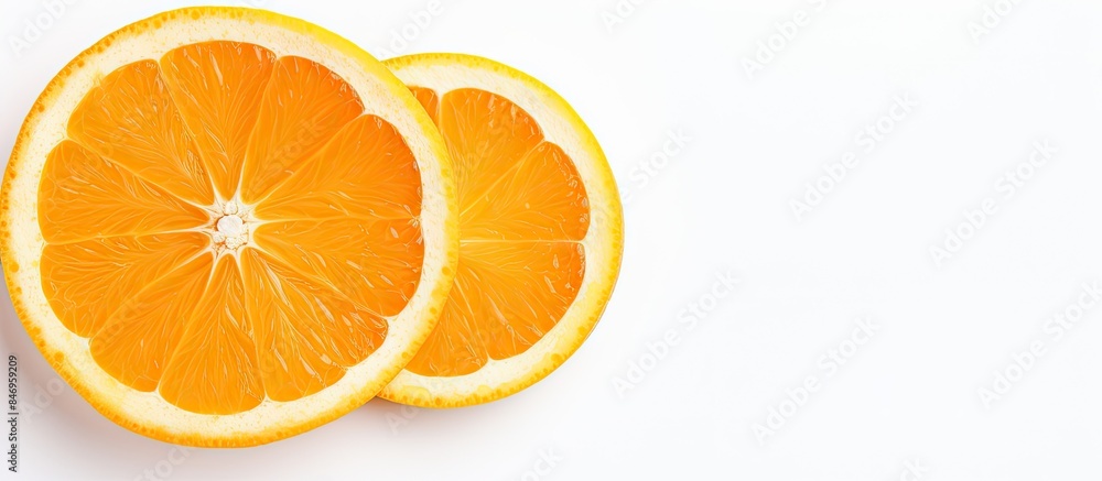 Aufkleber Two halves of oranges placed on a clean white surface. with copy space image. Place for adding text or design
