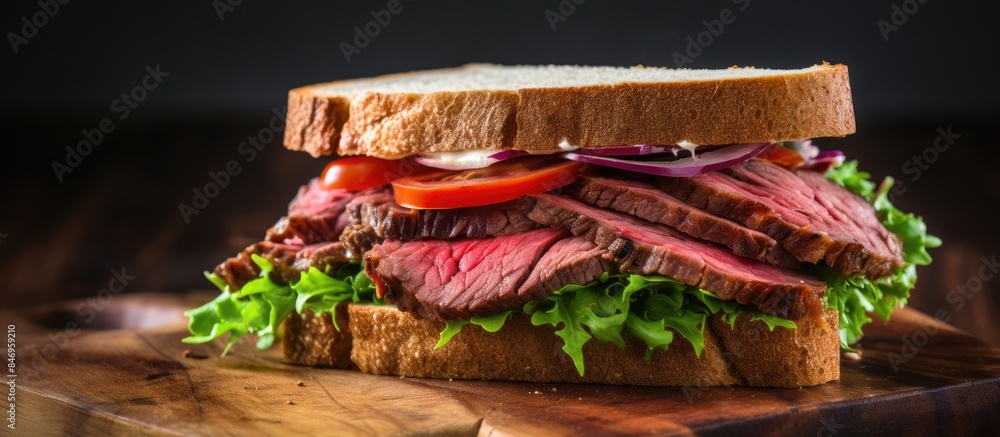 Fototapete close-up of a sandwich featuring sliced roast beef and fresh vegetables on a wooden cutting board. w