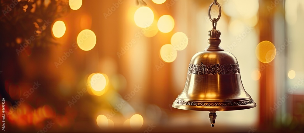 Poster vintage restaurant bell suspended on a chain with blurred bokeh lights in the background. with copy 