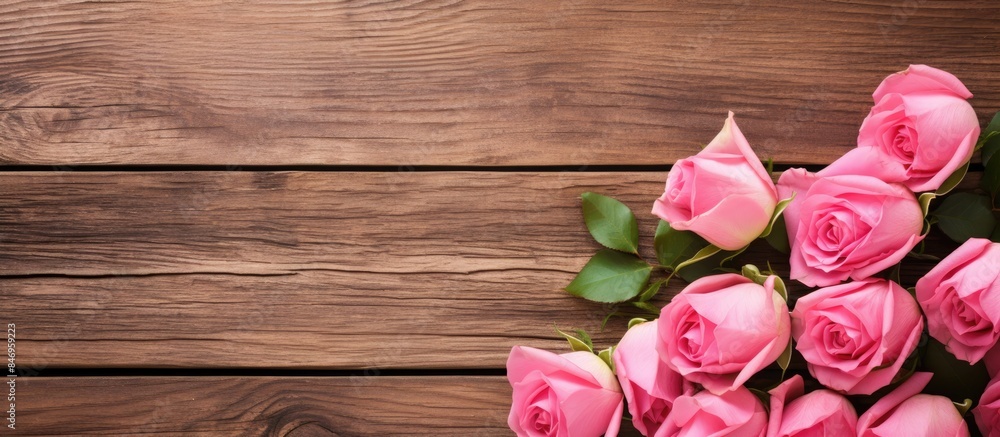 Leinwandbilder Beautiful pink roses arranged on a rustic wooden background creating a serene and elegant display. with copy space image. Place for adding text or design