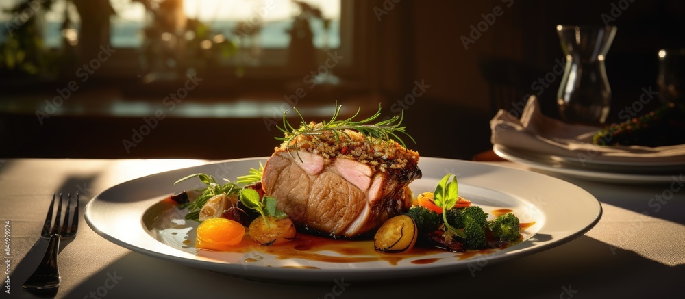 Leinwandbilder placed on a table, a meal comprising of pork is served with a knife and fork. with copy space image.
