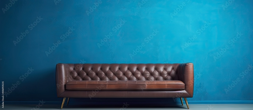 Poster stylish room features retro sofa against vibrant blue wall with an elegant touch. with copy space im
