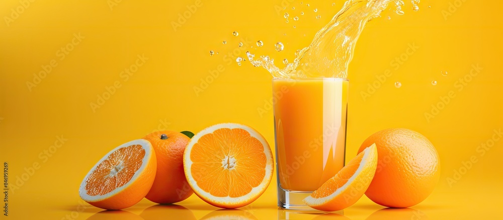 Poster Sliced oranges ready for juicing displayed alongside a refreshing glass of orange juice mixed with a splash of water. with copy space image. Place for adding text or design
