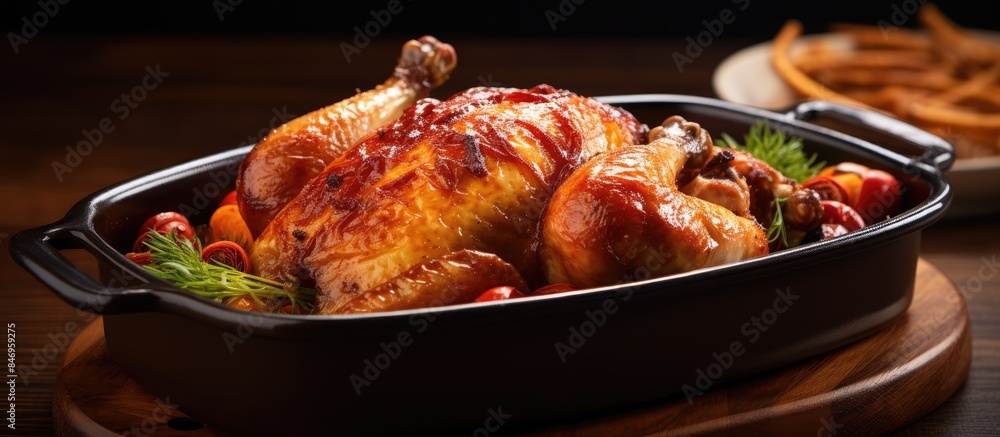 Fototapete Roasting chicken in a pan served with crispy golden fries on the side. with copy space image. Place for adding text or design