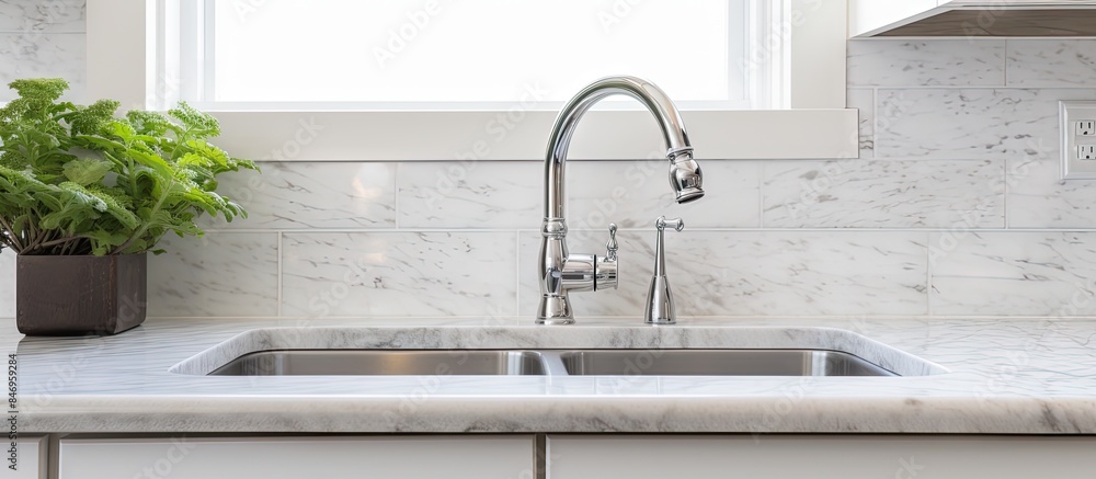 Aufkleber marble countertop, white cabinets, chrome faucet, rectangular under-mount sink on marble backsplash.