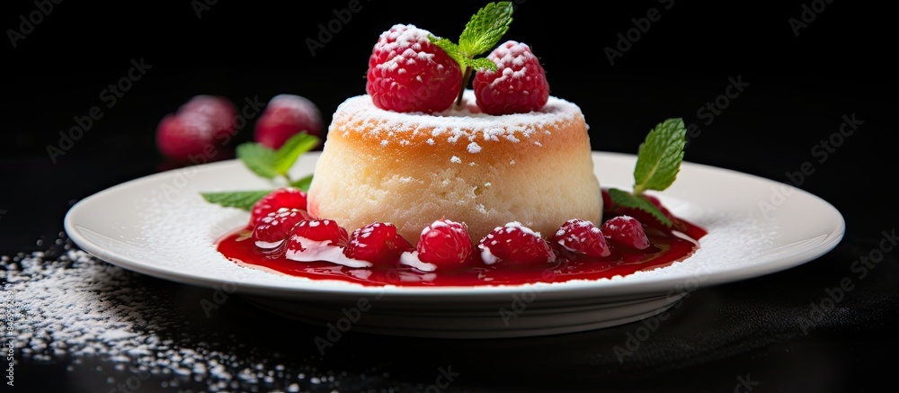 Leinwandbilder delicious raspberry souffle served elegantly on a clean white plate, showcasing a delightful dessert