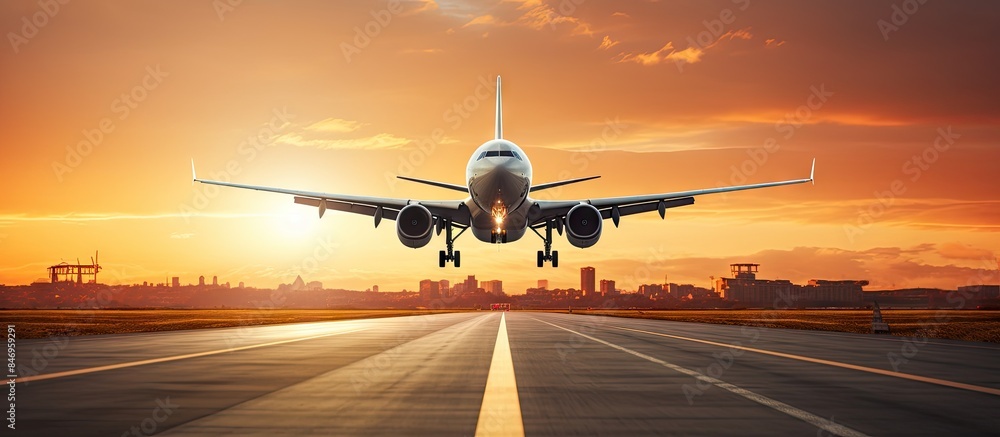 Poster An airplane gracefully lands on the illuminated runway of a city airport as the sun sets in the background. with copy space image. Place for adding text or design
