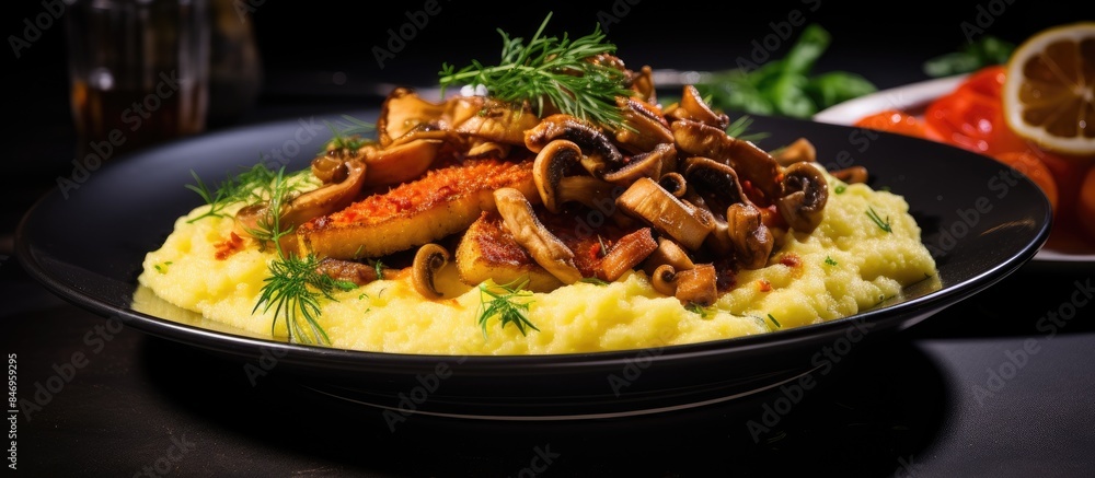 Poster a close-up view of a delicious dish consisting of mushrooms and creamy mashed potatoes. with copy sp