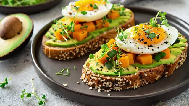 Healthy toasts with avocado, egg, pumpkin and sesame seeds, sprinkled with cress salad. Organic morning meal. Tasty food.
