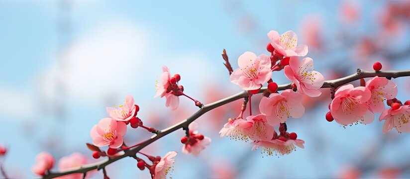 Pink flowers bloom on a tree branch in a beautiful display of nature's colors at Okamoto Park. with copy space image. Place for adding text or design