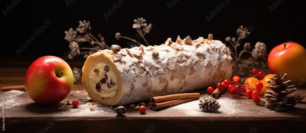 Poster delicious rolled cake adorned with fresh apples and flavorful cinnamon resting elegantly on a table.