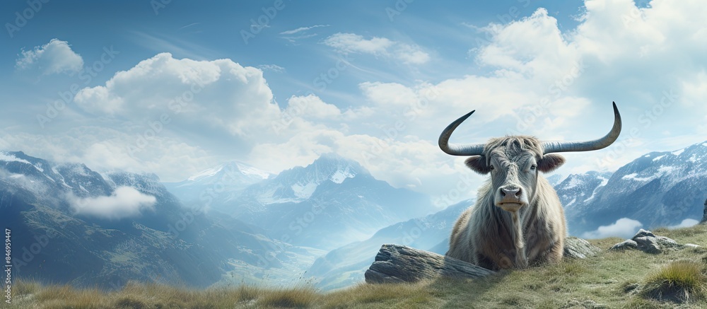 Poster cow with circular horns peacefully seated on a hill with majestic mountains in the background. with 