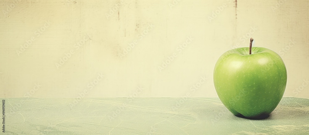 Poster a single green apple placed on a table with a plain white wall in the background. with copy space im