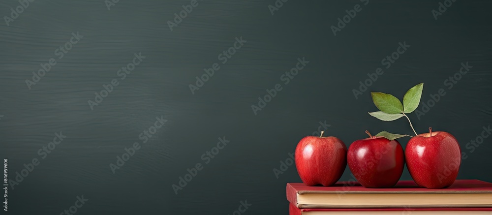 Aufkleber Stack of books with a red apple placed on a desk. with copy space image. Place for adding text or design