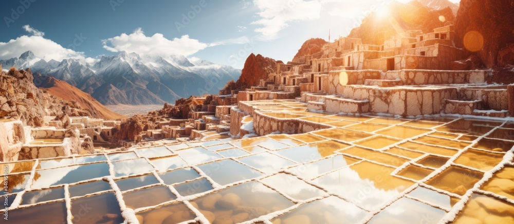 Poster Panoramic view of a salt pan stretching with majestic mountains in the background, reminiscent of ancient Inca salt mines. with copy space image. Place for adding text or design
