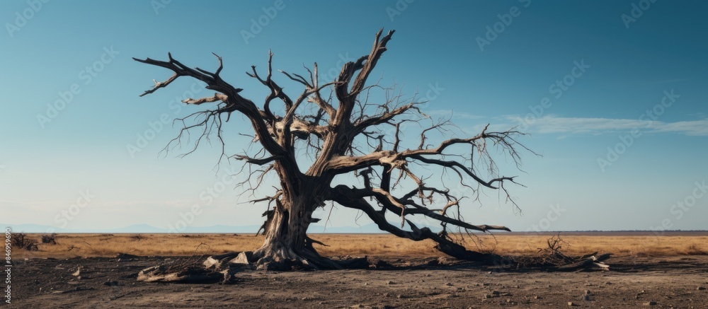 Poster Lonely tree positioned in a parched field against a backdrop of a cloudless sky, highlighting the arid environment. with copy space image. Place for adding text or design
