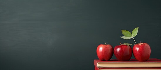 Stack of books with a red apple placed on a desk. with copy space image. Place for adding text or design