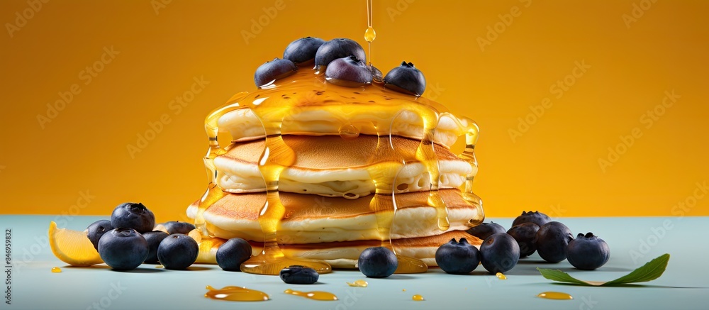 Leinwandbilder Pancakes stacked high with delicious blueberries and drizzled with syrup. with copy space image. Place for adding text or design