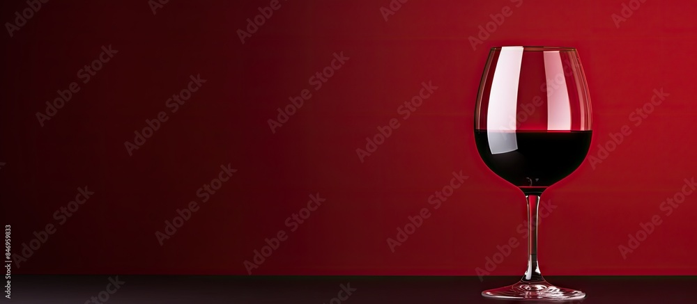 Poster Red wine elegantly presented in a glass against a red background on a tabletop. with copy space image. Place for adding text or design