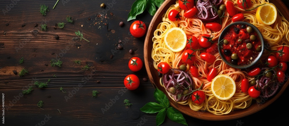 Poster plate of delicious pasta topped with fresh tomatoes, olives, and zesty lemon slices for a flavorful 