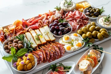 Sumptuous spread of cheeses, meats, olives and appetizers on an elegant white platter