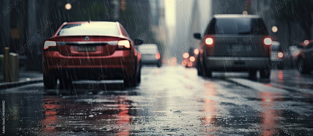 Poster cars driving down a wet city street on a rainy day, captured from the level of the dividing line. wi