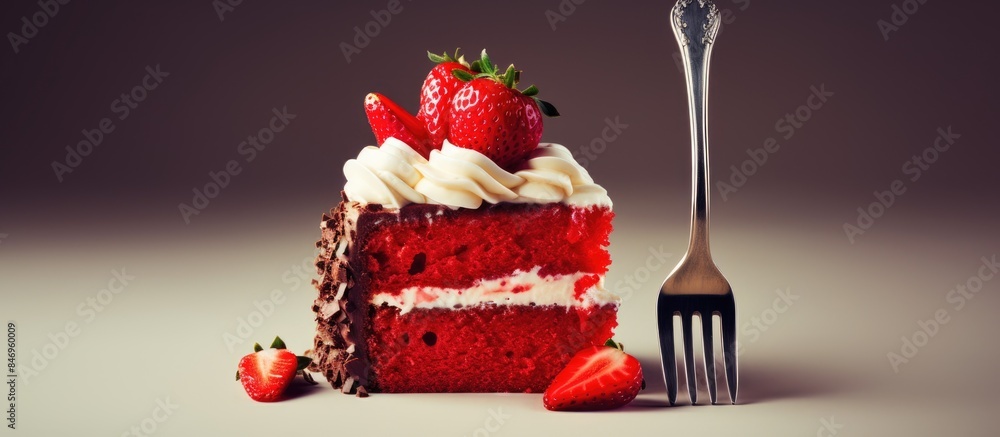 Fototapete Delicious cake slice adorned with fresh strawberries served on a fork. with copy space image. Place for adding text or design