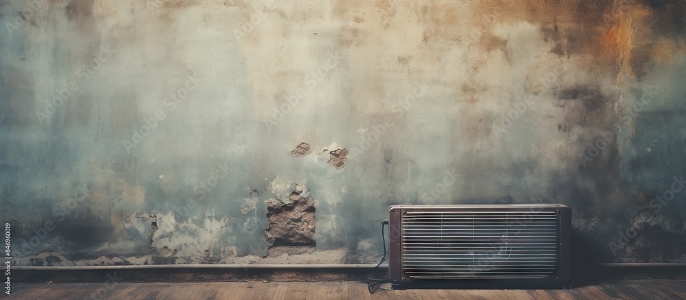 Poster an air conditioner unit placed in front of a dirty wall, showcasing signs of neglect and dirt buildu
