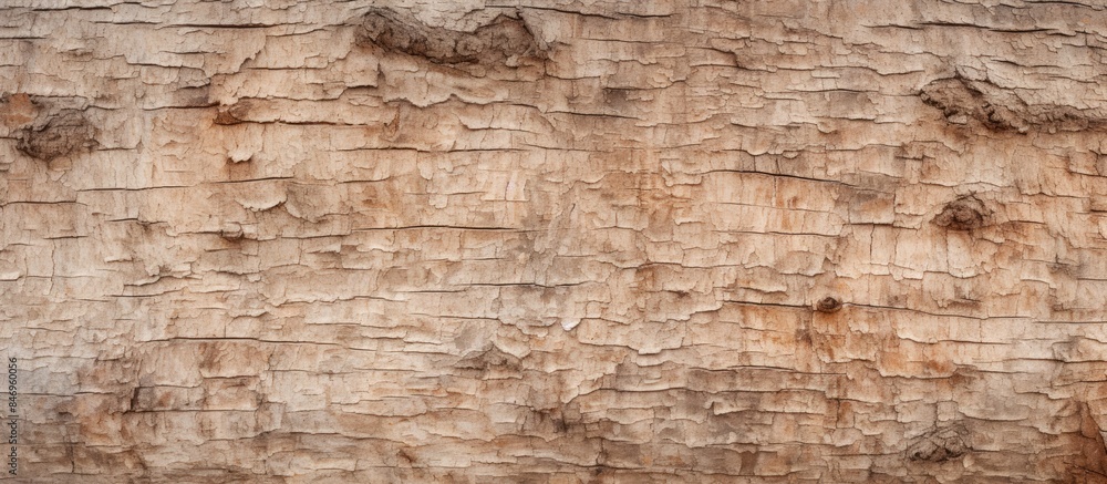 Poster Close-up view of a tree trunk with a rough and textured surface, highlighted in natural light. The background features layers of tree bark. with copy space image. Place for adding text or design
