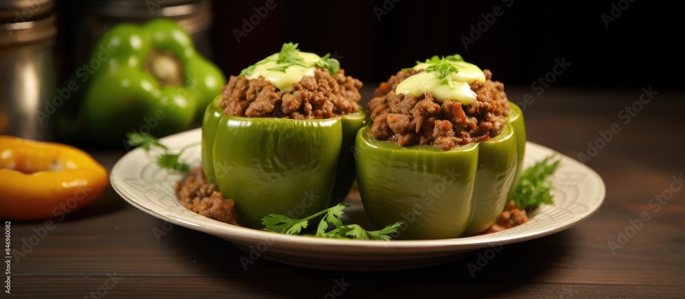 Aufkleber stuffed green bell peppers filled with ground beef served on a plate with a savory sauce. with copy 