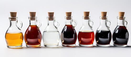 Various types of vinegar arranged in a close-up row, showcasing a selection of flavors and colors. with copy space image. Place for adding text or design